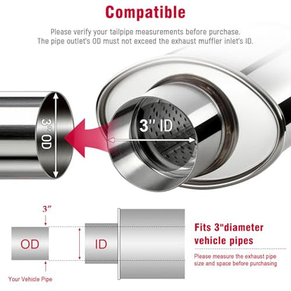 Upower 3 inch Ultra Quiet Resonator, 304 Stainless Steel Exhaust Muffler 3", 3'' Inlet & Outlet 14" Overall Length Universal Oval Performance Muffler Resonator - size: 3 Inch