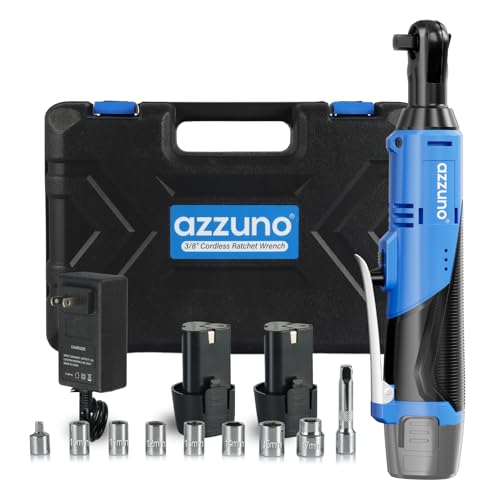 AZZUNO 3/8" Electric Ratchet Wrench Set 30 Ft-lbs Cordless Ratchet Wrench 300 RPM Power Ratchet Tool Kit with 2 x 2000mAh Lithium-Ion Battery, Fast Charger, 7 Sockets and 3" Extension Bar - color: Blue