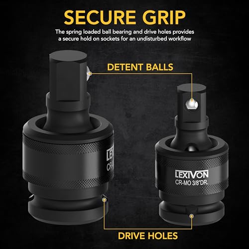 LEXIVON Premium Impact Universal Joint Socket Swivel Set | 3-Piece Ball Spring Design 1/2", 3/8", and 1/4" U-Joint Drive | Cr-Mo Steel - Full Impact Grade (LX-113) - style: Heavy-Duty