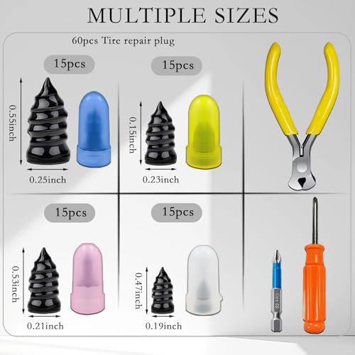 60Pcs Tire Repair Rubber Nails Kit with 4 Sizes, Tire Repair, Vacuum Tire Repair Rubber Nail, Screw in Tire Repair Plugs, Tire Rubber Nails Tool, Rubber Nails Tire Repair for Car, Motorcycle, Truck