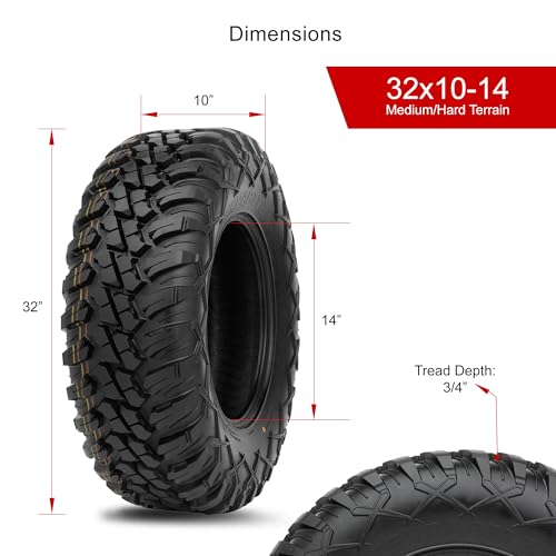 Tusk Terrabite Set of 4 UTV/ATV Tires – 32x10-14 – 8-Ply Rated Radial Construction, ¾″ Deep Tread, Medium-Hard Terrain, High Load Capacity, Heavy Duty Sidewall Tread Armor - size: 32x10-14