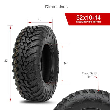 Tusk Terrabite Set of 4 UTV/ATV Tires – 32x10-14 – 8-Ply Rated Radial Construction, ¾″ Deep Tread, Medium-Hard Terrain, High Load Capacity, Heavy Duty Sidewall Tread Armor - size: 32x10-14