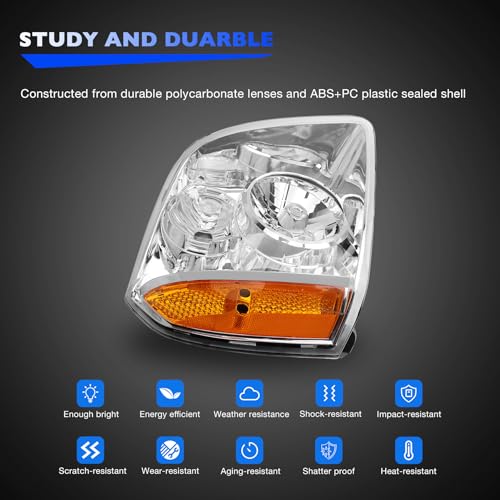 Headlights w/Bulb Compatible with 2007-2014 GMC Yukon & Yukon XL 1500/2500 SLE SLT Base Hybrid, Replaces 15861025 15861026 Front Headlamp Assembly Halogen 2 PCS - size: 07-14 Yukon Amber