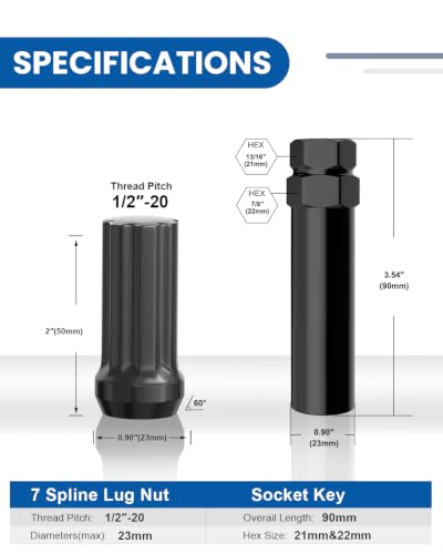 GAsupply 1/2 20 Lug Nuts Black Spline, 2" 50mm Tall Cone Seat, 20Pcs+1 Key - color: Black, size: 1/2"-20, style: 20 Pack- 2" Tall