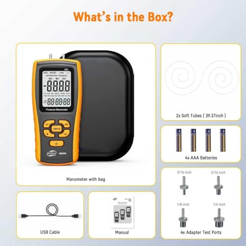 Digital Manometer Gas Pressure Tester, Professional Air Pressure Meter, Differential Pressure Gauge for HVAC, Gas Valve (GM520)