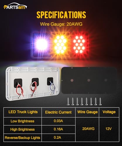 Partsam 2x LED Triple Tail Lights 45 LEDs, Rectangle Vertical Horizontal Mount LED Trailer Truck Camper RV Stop Turn Tail Lights Backup Reverse Taillights w Gasket White Base Amber/Red/Clear Lens 12V - color: White Base
