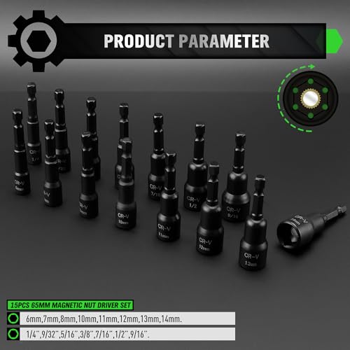 55-Piece Magnetic Nut Driver Set, Metric & SAE 1/4" Hex Shank, Impact Socket Adapters, Snappy Driver Bits, Drill Bit Extension, 14PCS Screwdriver Bit Set - color: Nut Driver Set Green