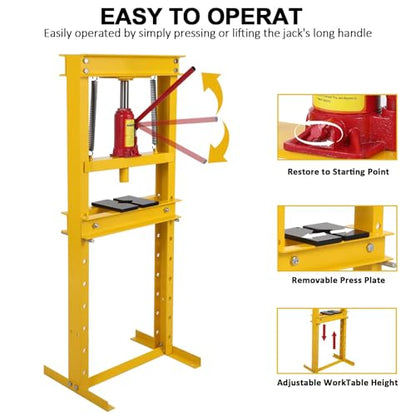 Heavy Duty H-Frame Hydraulic Shop Press – 12 Ton Capacity, Adjustable Floor & Benchtop Design, Includes Press Plates, Ideal for Bearing & Metal Straightening in Automotive, Garage &