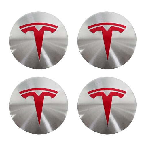 4 Pack Aluminum Waterproof Wheel Cover Center Emblem Sticker for Tesla Model 3 Model Y 56mm Hubcaps Wheel Rim Cover (Silver Background+Red Emblem) - color: Silver Background+Red Emblem