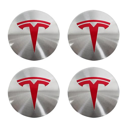 4 Pack Aluminum Waterproof Wheel Cover Center Emblem Sticker for Tesla Model 3 Model Y 56mm Hubcaps Wheel Rim Cover (Silver Background+Red Emblem) - color: Silver Background+Red Emblem