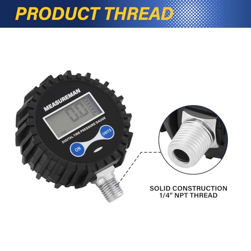 MEASUREMAN 2-1/2" Dial Size Digital Air Pressure Gauge with 1/4'' NPT Bottom Connector and Protective Boot, 0-250psi, Accuracy 1%, Battery Powered with LED Light - size: Long thread, style: 0-250psi