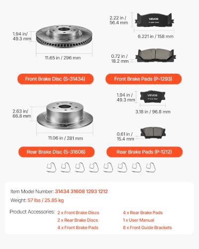 VEVOR Front & Rear Brake Kit Ceramic Brake Pads and Drilled Slotted Rotors - size: S-31434 + S-31608