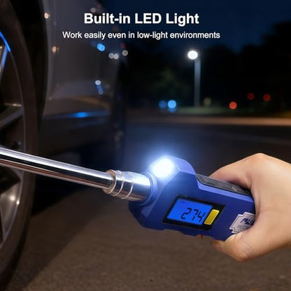 Rechargeable Digital Tire Pressure Gauge, Heavy-Duty Dual-Head Tire Gauge, USB-C Fast Charging, Backlit Display, LED Light, 4 Unit Switching, for Trucks, Motorhomes, Cars, and Motorcycles