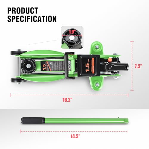 DNA MOTORING Low Profile Hydraulic Trolley Service/Floor Jack, 1.5 Ton (3000 lbs) Capacity, Lifting Range 5.3"-12", Green, TOOLS-00326-GR - color: Green, style: 1.5 ton