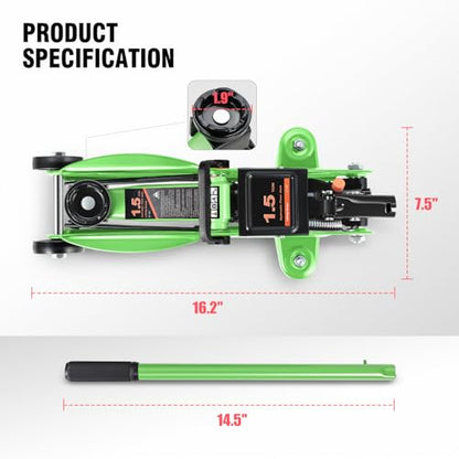 DNA MOTORING Low Profile Hydraulic Trolley Service/Floor Jack, 1.5 Ton (3000 lbs) Capacity, Lifting Range 5.3"-12", Green, TOOLS-00326-GR - color: Green, style: 1.5 ton
