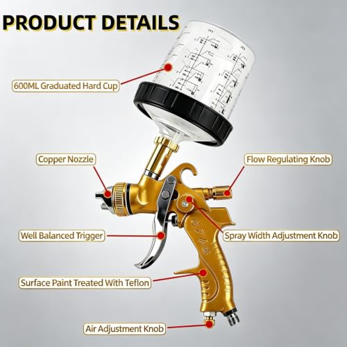 HVLP Spray Gun with 10Pcs 600ML Disposable Paint Cups, 4 Nozzles,1.4/1.7/2.0/2.5mm， Air Compressor Regulator, Disposable Cups Automotive Gravity Spray Paint Gun for Auto Paint(Gold)