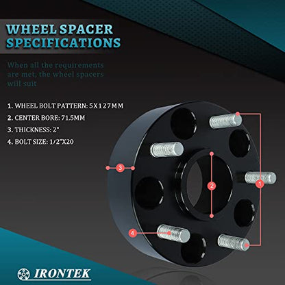 IRONTEK 2" 5x127mm Wheel Spacers Adapters (71.5mm Hub Bore, M1/2 x 20 Studs) 5x5 to 5x5 50mm Hubcentric Spacers FITS Jeep 06-10 Commander, 99-10 Grand Cherokee, 07-18 Wrangler 2 Pieces - size: 2"|5x5|2PCS
