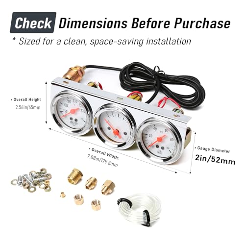 2" 52mm Triple Gauge Set Kit, Oil Pressure, Water Temperature & Voltmeter, 0-100 PSI / 100-280°F / 8-16V, Universal for Most 12V Vehicles - style: Oil Press.+Volt+Water Temp.