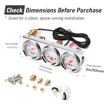 2" 52mm Triple Gauge Set Kit, Oil Pressure, Water Temperature & Voltmeter, 0-100 PSI / 100-280°F / 8-16V, Universal for Most 12V Vehicles - style: Oil Press.+Volt+Water Temp.