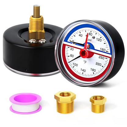 MEANLIN MEASURE 0-160Psi Thermal Pressure Gauge,0-250℉ 1/4" NPT 2.5" FACE DIAL, Boiler Temperature Pressure Gauge with Reset Pointer, with 1/2" NPT and 3/8" NPT Hex Bushing, Back Mount - size: Back Mount, style: Dry