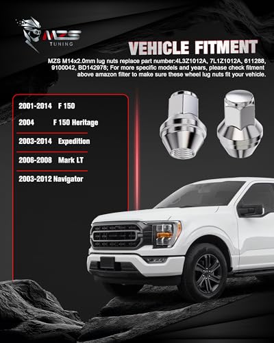 MZS M14x2 Lug Nuts for 01-14 F150 / 03-14 Expedition Navigator Chrome 24PC - size: M14x2.0-2.13" (54mm) Long