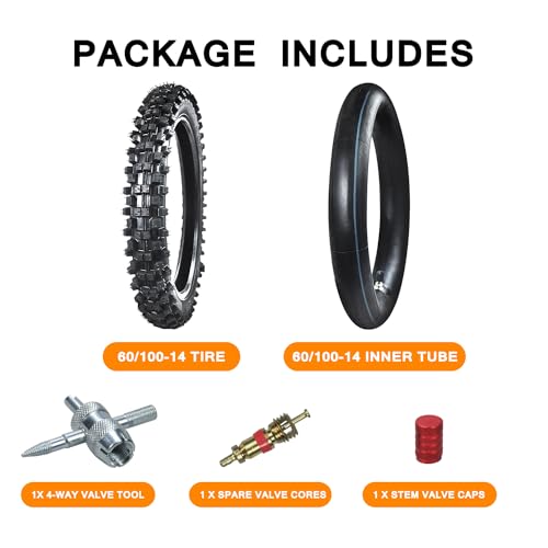 HOLATO Front 60/100-14 2.50-14 Tire and Inner Tube for 110cc 125cc CRF70 CRF110 XR70 KLX110 TTR90 PW80 RM60 RM65 TaoTao DB14 SSR Apollo Coolster Dirt Pit Bike Motorcycle Off Road Motocross Heavy Duty - size: 60/100-14 Tire