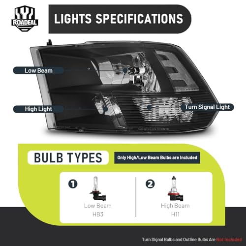 Headlights for 2009-2018 Dodge Ram 1500 Quad-Hole Single Headlight - color: Black Housing - With H/L Beam Bulbs