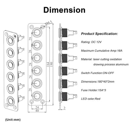 6 Gang Push Button Switch Panel Antioxidant Aluminum DC 12V Pre-Wired with LED Indicator Light IP65 Waterproof Panel for Marine Car RV Truck Yacht (Red LED) - color: 6Gang Red LED