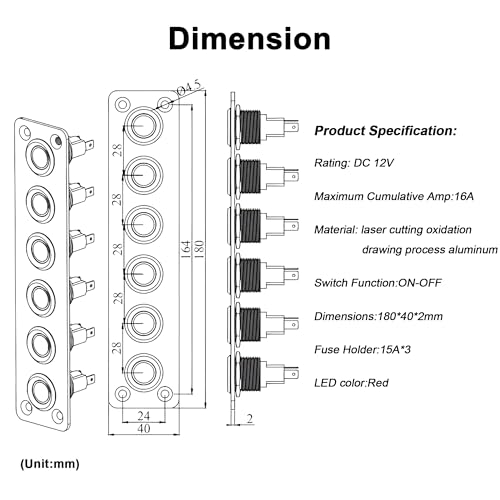 6 Gang Push Button Switch Panel Antioxidant Aluminum DC 12V Pre-Wired with LED Indicator Light IP65 Waterproof Panel for Marine Car RV Truck Yacht (White LED) - color: 6Gang White LED
