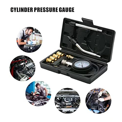 8PCS Compression Tester Kit 0-300 PSI Petrol Gas Engine Cylinder Pressure Gauge Automotive Tool for Motorcycle Car Truck (Black) - color: Black
