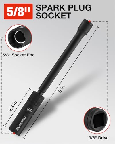 WORKPRO 5/8" Swivel Magnetic Spark Plug Socket, 3/8" Drive x 8" - size: 5/8"×3/8"×8"
