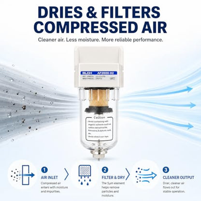 BLCH 1/4" NPT Air Line Dryer - Air Dryer for Compressor,Compressed Air Dryer Air Drying System AF2000-02Z Manual Drain Poly Bowl 0-160 PSI 5μm - style: AF2000-02