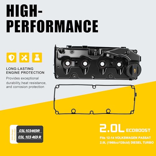 Engine Valve Cover with Gasket & Bolts Compatible with Volkswagen Passat 2012-2014 2.0L Diesel Turbocharged, Replacement Cylinder Head Cover Assembly 03L103469R