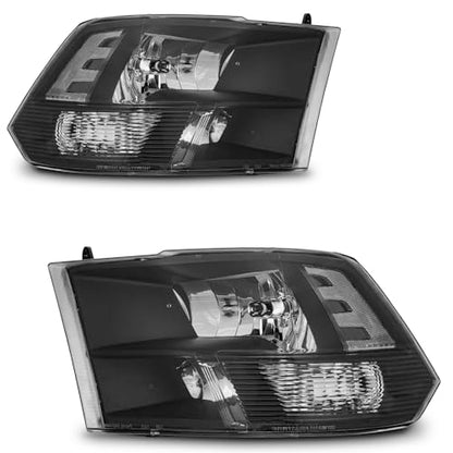 Headlights for 2009-2018 Dodge Ram 1500 Quad-Hole Single Headlight - color: Black Housing - With H/L Beam Bulbs