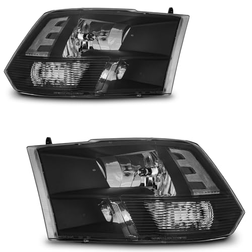 Headlights for 2009-2018 Dodge Ram 1500 Quad-Hole Single Headlight - color: Black Housing - With H/L Beam Bulbs
