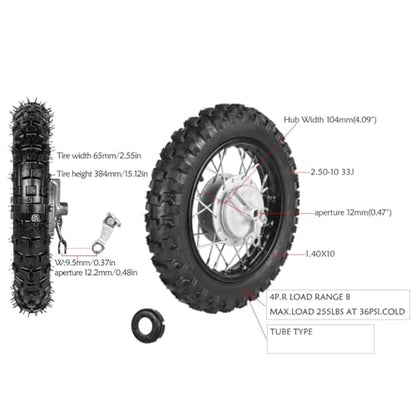 Front & Rear 2.5-10 Wheels Tires 10'' Rim 1.4x10 w/12mm Bearing Drum Brake Wheel Assembly with 420-37T Sprocket Cog for CRF50 XR50 TTR50 Dirt Pit Pro Trail Bike 50cc 70cc 90cc 110cc