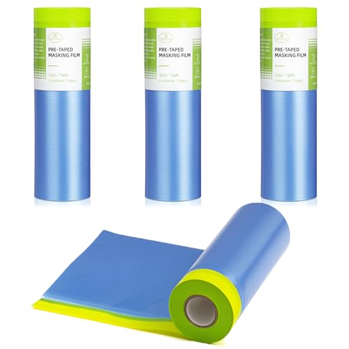 Tangibay Pre-Taped Masking Film for Painting - 56" x 66' Painters Plastic Sheeting for House & Automotive Paint, Tape and Drape for Covering Cars, Walls, Windows and Furniture Protection (4 Rolls) - size: 4 Rolls: 56"x66'