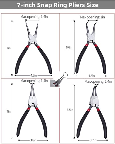 4-Piece Snap Ring Pliers Set, 7" Internal External Circlip Pliers, Straight & 90 Degree, 45# Steel 5/64" Tips for Bearing Transmission Motorcycle Automotive Retaining Ring Removal