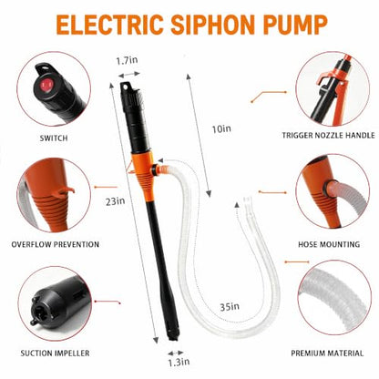 Electric Portable Fuel Transfer Pump，Battery Operated Liquid Transfer Pump, 2.4GPM Liquid & Gasoline Siphon Pump, Long Hose，Handheld Liquid Transfer Pump Nozzle-free. - color: Black+Orange