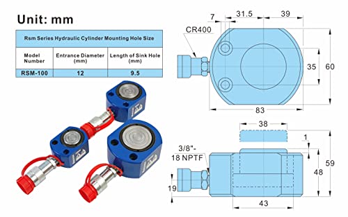 AMZCNC 10T Hydraulic Ram Cylinder Low Profile Hydraulic Cylinder Jack Single Section Mini Jack Ram 12mm Stroke - size: 10T
