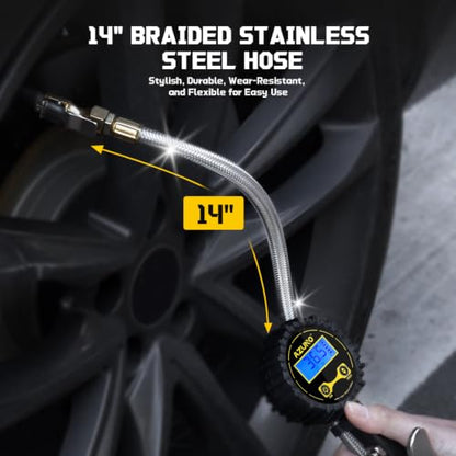 Digital Tire Inflator with Pressure Gauge, 200 PSI, Stainless Braided Hose - size: Standard with 7-Piece Set