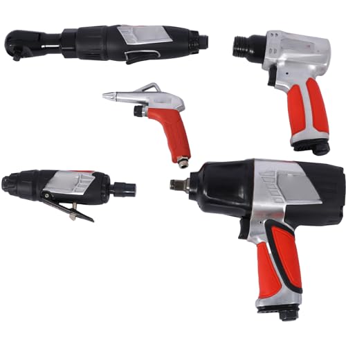 44 Piece Air Impact Wrench Set Pneumatic Tool Kit with Air Ratchet Die Grinder Air Hammer Tire Gauge and Accessories in Blow Mold Case Red