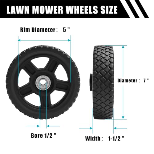 Lawn Mower Wheels 7 Inch, Push Mower Plastic Wheels, Set of 2 Wheels Kit for Push Mowers with Bolts & Nuts fits Craftsman Mower, Generator, Garden Tiller Most Standard Lawn Mowers (7×1.75'') - size: 7 inch