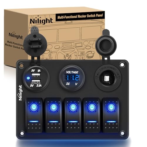 Nilight - 90118H 5 Gang Rocker Switch Panel Pre-Wired Aluminum Switch Panel with Dual USB Cigarette Lighter Socket Voltmeter12V-24V DC Switch Panel with Night Glow Stickers for Cars Rvs Trucks - color: Blue, size: 5+3 Gang Dual USB
