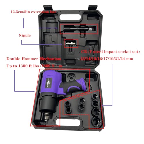 1/2-Inch 1250 ft-lbs High Torque Pneumatic Impact Wrench, Heavy Duty Twin Hammer Air Impact Tool Gun Kit , 8pcs CR-V Steel Socket Set for Car Tire Changing, Truck Repair, Home Garage & Industrial Use - style: 1/2-Inch/1250 ft-lbs(Plastic Housing)