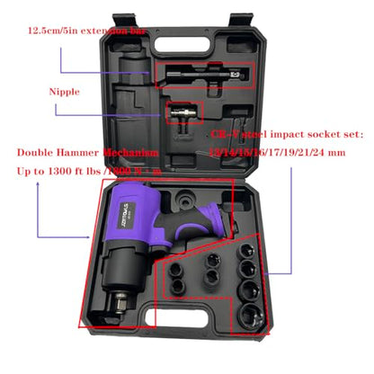 1/2-Inch 1250 ft-lbs High Torque Pneumatic Impact Wrench, Heavy Duty Twin Hammer Air Impact Tool Gun Kit , 8pcs CR-V Steel Socket Set for Car Tire Changing, Truck Repair, Home Garage & Industrial Use - style: 1/2-Inch/1250 ft-lbs(Plastic Housing)