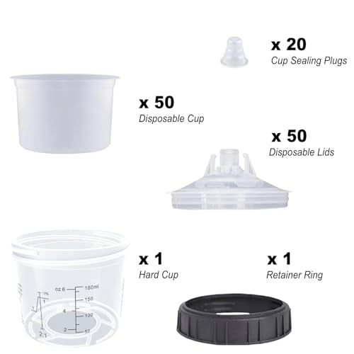 Disposable Paint Spray Gun Cup System for HVLP Paint Spray Paint Gun,Standard 6 Ounce (180ml) Kit with 50 Cups and Lids, 1 Hard Paint Mixing Cup with Retainer Ring and 20 Plugs - color: Dis-180m1-50pcs