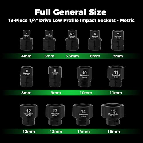 TecoTek 13-Piece 1/4-Inch Drive Metric Low Profile Impact Socket Set, Stubby Socket Set, 4mm to 15mm, No Skips Sizes, 6 Point, Cr-Mo, Shorter Socket for Tight Areas - size: 4mm - 15mm(1/4" Dr.)