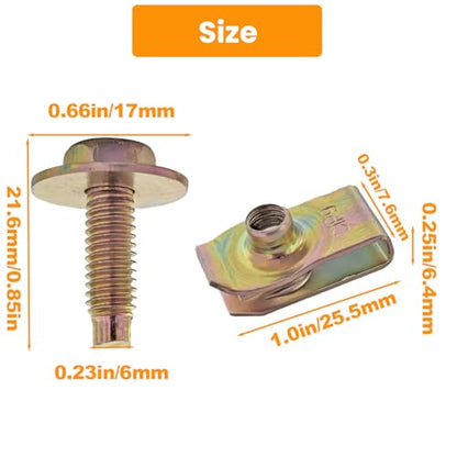 100 Pcs M6-1.0 Body Bolts and U Nuts Kits, Bumper Fender Liner Push Pull Metal Rust-Resistant U Retainer, Universal for Most Cars Fastening Accessories, Steel, Gold - color: Gold