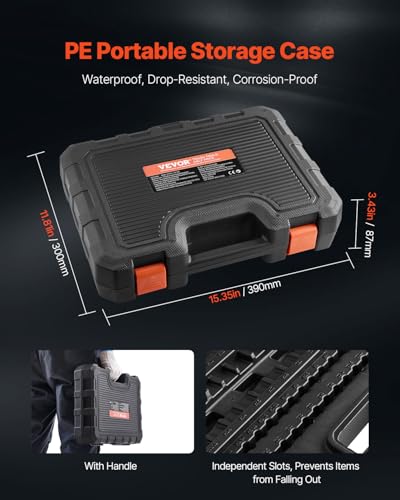 VEVOR Bit Socket Set, 107-Piece SAE and Metric, Hex/Torx/External Torx/Tamper-Proof/Extra Long, S2 Alloy Steel and Cr-V Steel, 1/4 in, 3/8 in, and 1/2 in Drives, with Enhanced Storage Case, Hand Use - size: 107 PCS